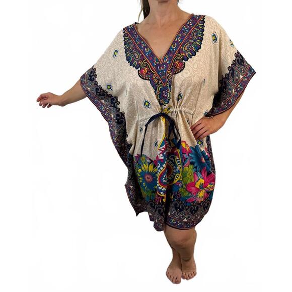 Other - NWT Boho Style Cream & Floral Caftan Swim Beach Cover up Tunic Dress L XL XXL OS